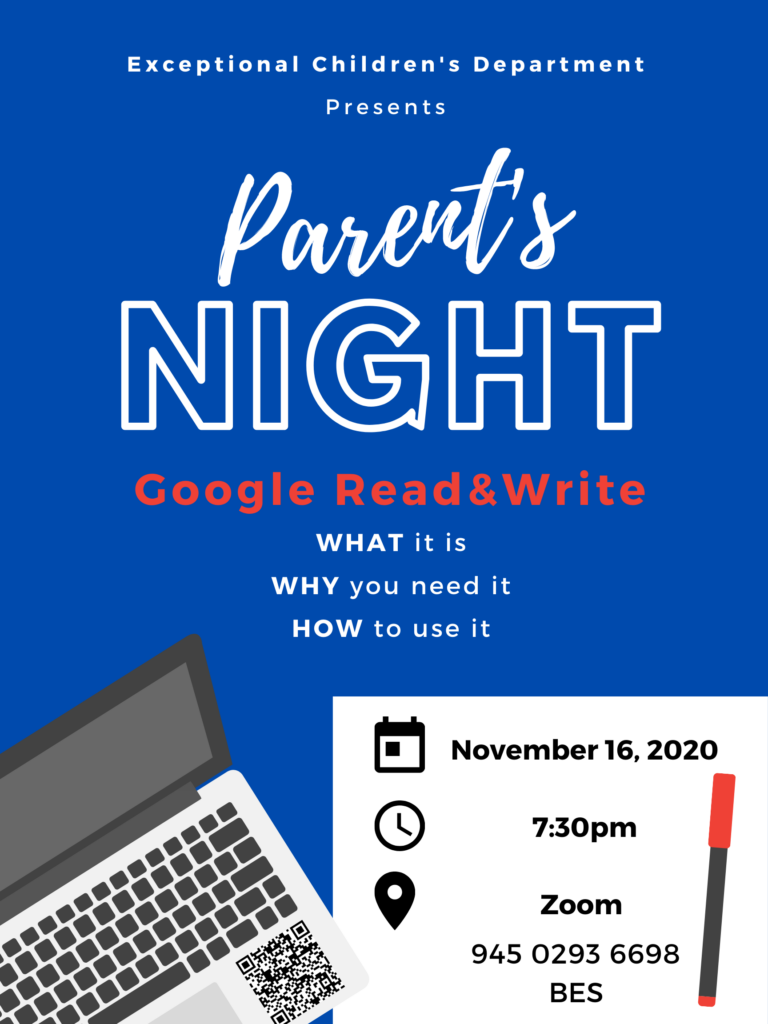 18X24 Poster: Parent's Night November 16, 2020 at 7:30pm on Zoom