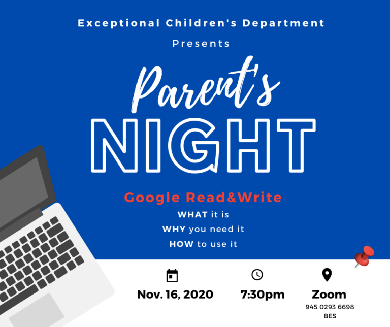 Facebook Post: Parent's Night November 16, 2020 at 7:30pm on Zoom