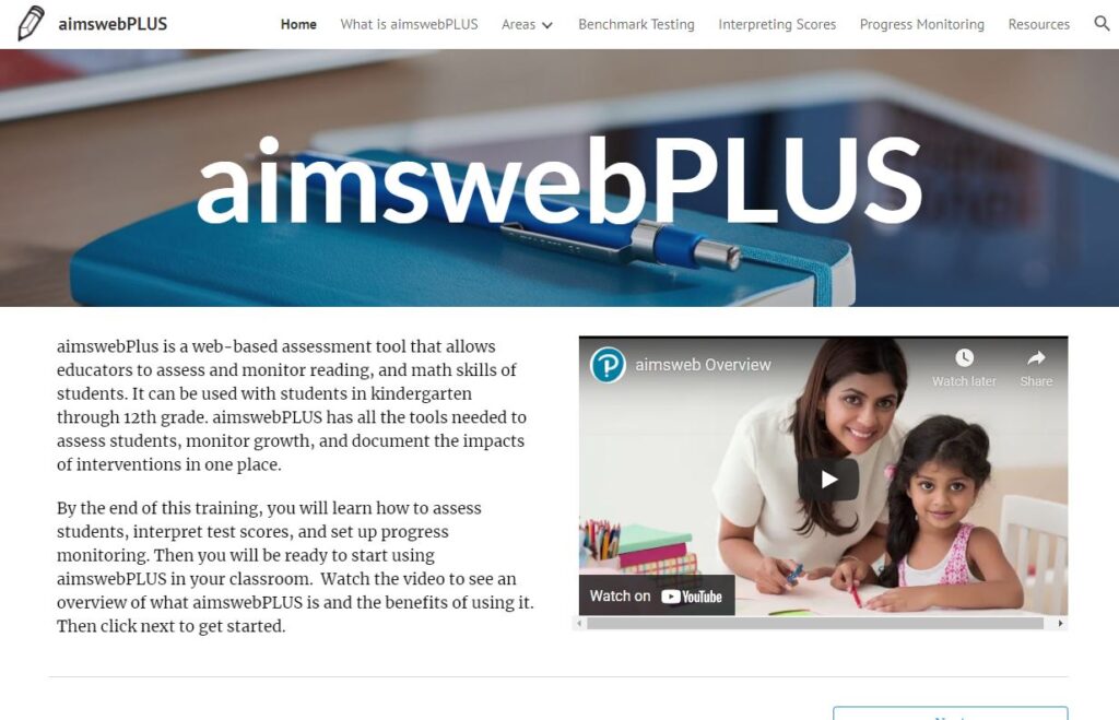 Screen grab of the AIMSweb training website